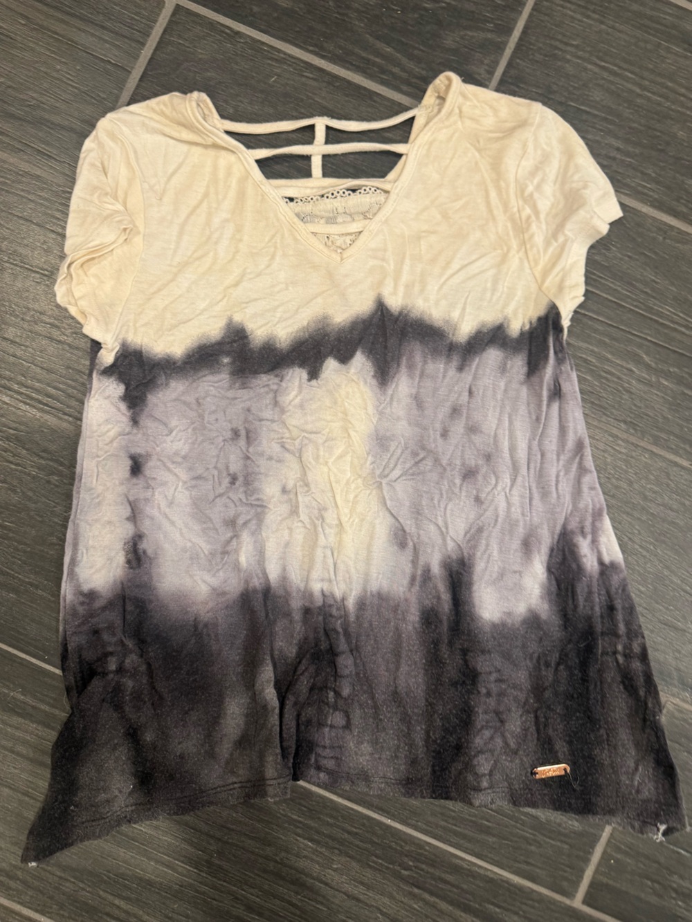 Justice Girls Cream and Black Tie-Dye Short Sleeve Top